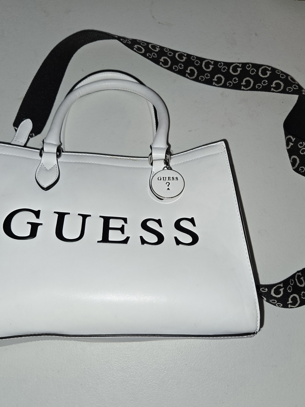 EUC GUESS White Satchel with Black Logo and Printed Strap - OBO